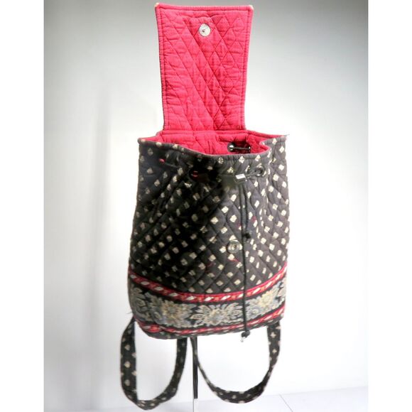 Vera Bradley MIMI Backpack Floral Black Red Retired Pattern Cotton Drawstring - Picture 4 of 6